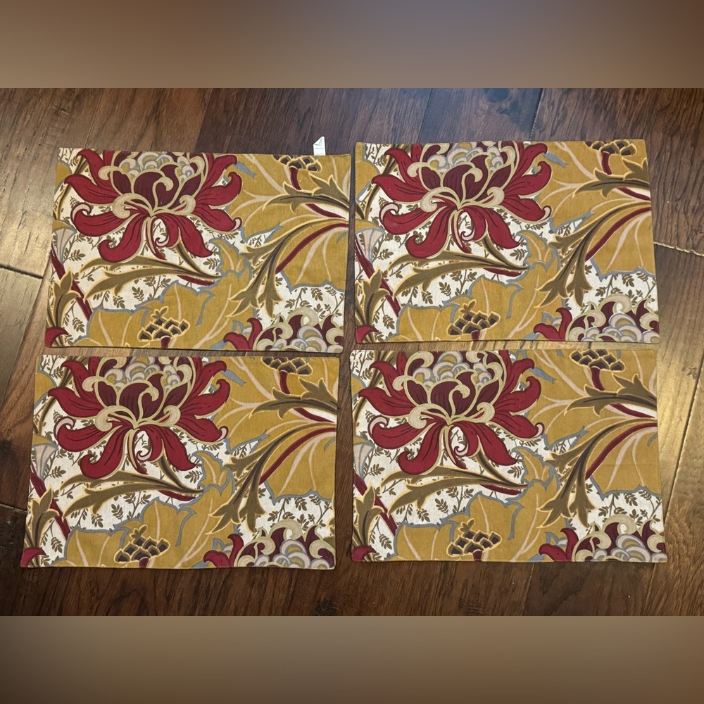 Set of 4 World Market Exotic Floral Patterned Placemats - Dark Gold and Wine
